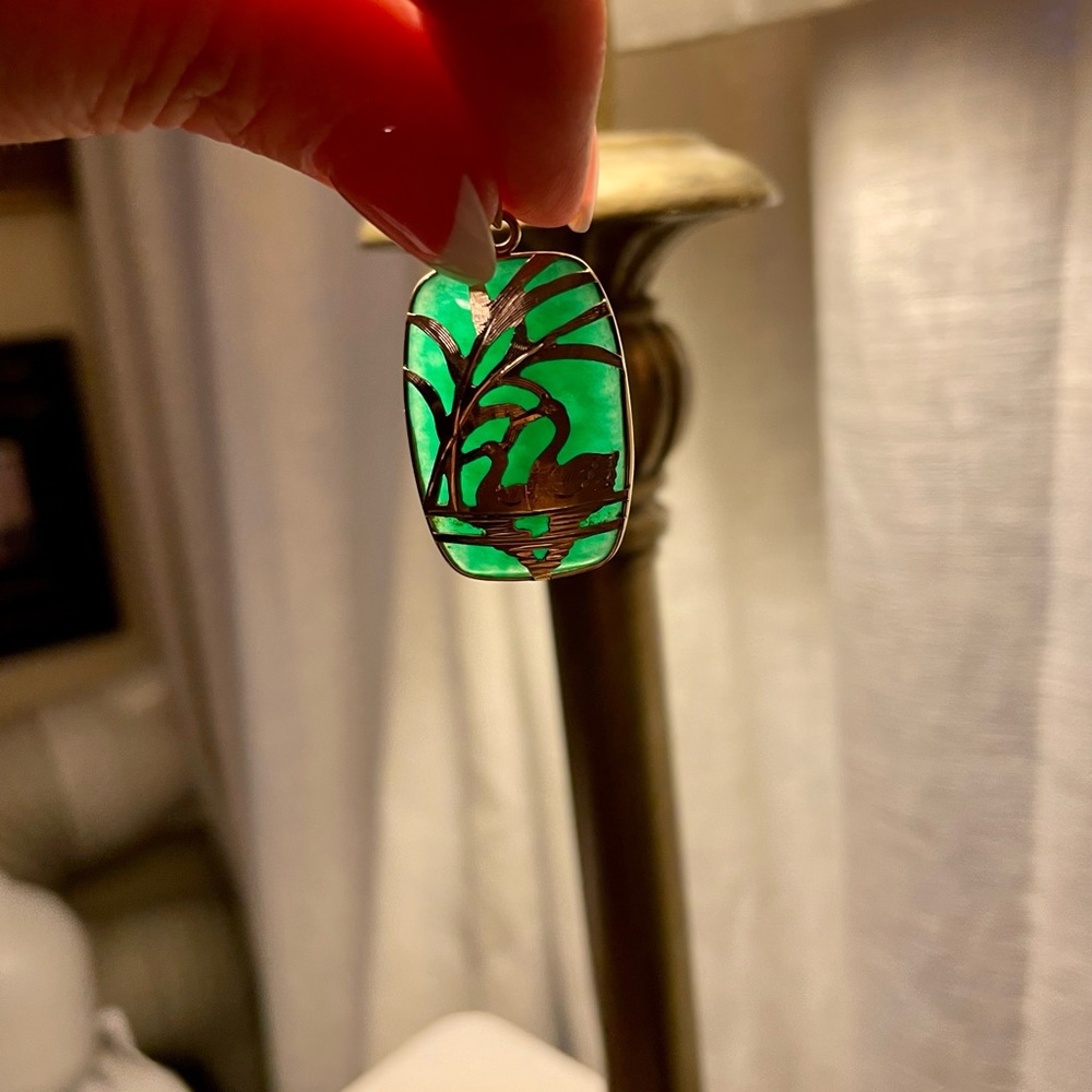 Solid 10carat and jade necklace pendant. Very intricate oriental detail. Unique